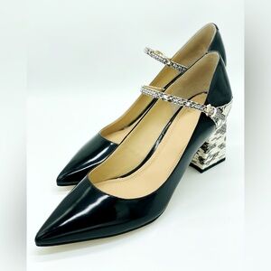 Marc Fisher Zullys Snakeskin Accented Mary Jane Black Leather Pump